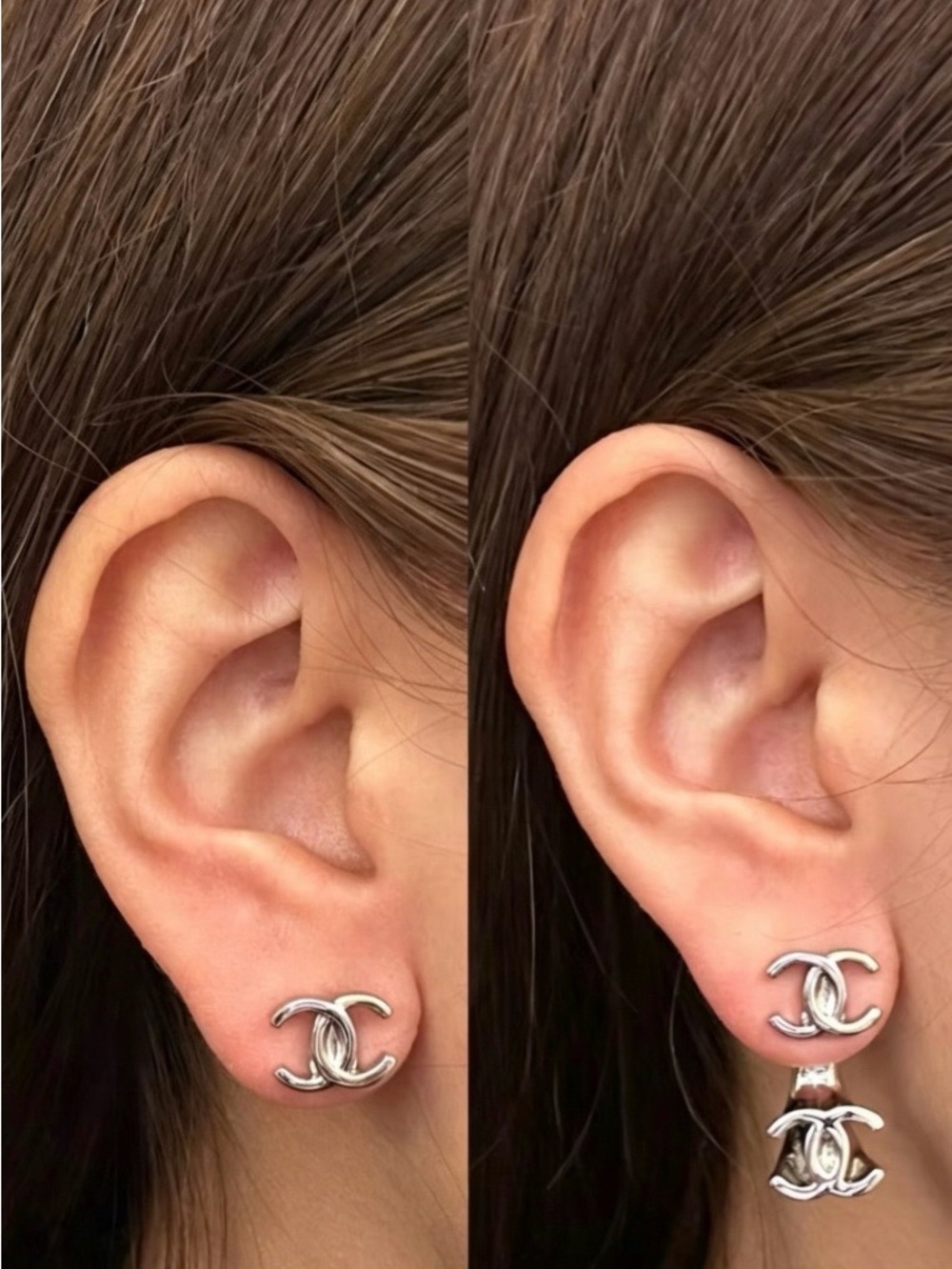 ✨ChaneI. Silver- Tone 2 In 1 Logo Earrings